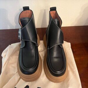 Ganni Buckled leather platform ankle boots